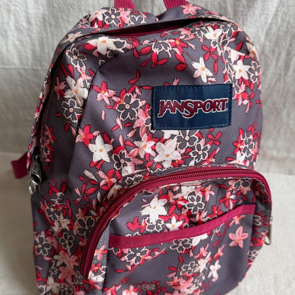 JanSport Half Pint Small Backpack Floral Daisy Print Grey Pink School Travel Bag